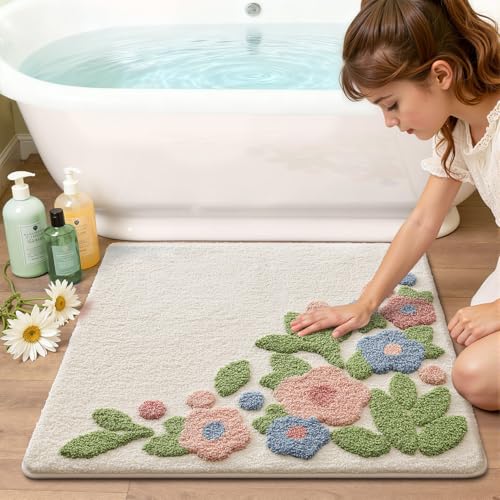 LUMI Bathroom Rugs Cute Flower, Soft Absorbent Square Bath Mat Non-Slip, Machine Washable Quick Dry Warm White Bloom Luxury Rug Flower for Kids Room, Bathtub, Home Decor, 32"x32" - color: Ivory Bloom, size: 32"x32"(Square)