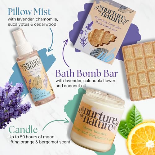 Nurture by Nature Self Care Gifts for Women - Spa Gift Baskets for Women & Relaxation Gifts | At Home Spa Kit | 6 Piece Bath Set with Pillow Spray, Candle, Bath Bomb & Bath Salts