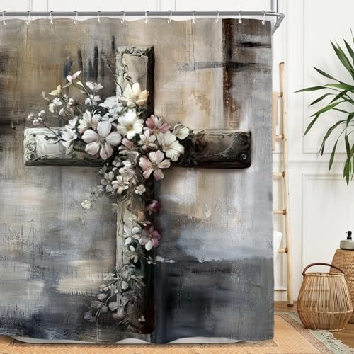 Miyotaa Abstract Cross Bless Shower Curtain Set 60Wx71H Inches Farmhouse Rustic Minimalist Neutral Brush Stroke Waterproof Bathroom Curtain with 12 Hooks - color: Rustic Cross, size: 60"W x 71"L (Pack of 1)