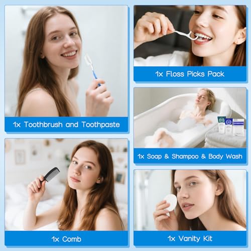 Toiletry Kits Travel Essentials Disposable Hygiene in Bulk, Trial Size Toiletries Supplies Individually Wrapped Traveling Personal Care Items, for Camping, Hotel, Homeless, Charity, 8-in-1 (5-Pack)