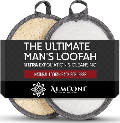 Almooni Natural Exfoliating Loofah for Men, Lightly Abrasive Egyptian Loofah Body Scrubber for Men, Dual-Sided with Cotton Back, Hand Strap, Gray, 2-Count - style: Gray