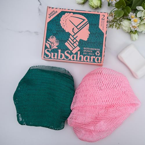 SubSahara Authentic African Net Sponge - 2 Pack Exfoliating Bath & Shower Loofah Sponge for Body & Face, Gentle Scrubber for All Skin Types, Travel, Durable (Ligh Pink & Teal) - color: Ligh Pink & Teal