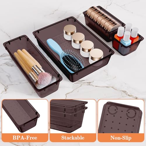SpaceHacks 25 PCS Plastic Drawer Organizer Set, 4-Size Versatile Organizer Trays & storage Bins for Makeup, Jewelry, and Gadgets in Bathroom, Bedroom and Office,Brown - color: Brown