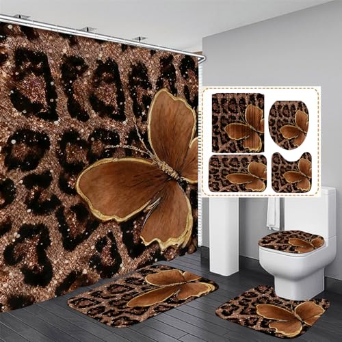 4 Piece Brown Glitter Leopard Shower Curtain Set with Rugs | Luxury Golden Butterfly Art, Glam Animal Print Fabric, Non-Slip Mats, Toilet Lid Cover - color: Brown
