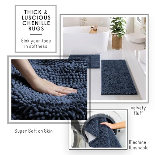 Clara Clark Bathroom Accessories Set - 27PC Bathroom Set with Adhesive Corner Shower Caddy Hanging, Bathroom Sets with Shower Curtain and Rugs, Navy Blue Shower Curtain Set with Bathroom Trash Can - color: Navy Blue, size: Complete Set + Bath Rug + Shower