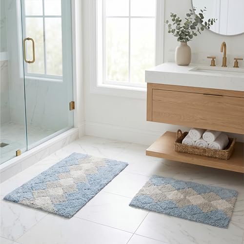 THE BEER VALLEY Set of 2 Albany Bath Rug 21x32/17x24 Inch - Blue | Non Slip Cotton Absorbent Bathmat for Bathroom, Washable Soft Toilet Bathrug - color: Blue Combo