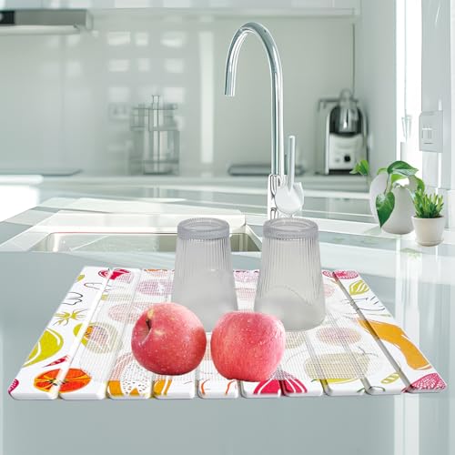 Large Stone Drying Mat for Kitchen Counter, 24"x16" Fast-Drying Super-Absorbent Diatomaceous Dish Drying Mat, Collapsible Dish Drying Stone for Dishes, Bottles, Cups, Any Countertop - color: Colorful fruits