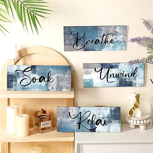 Maitys 4 Pcs Bathroom Wall Decor 10 x 4 Inch Bathroom Wall Art Contemporary Wood Restroom Pictures for Soak Unwind Relax Hanging Sign Spa Rustic Vintage Farmhouse Pediments(Blue, White) - color: Blue, White