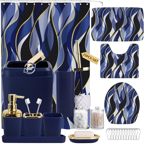 XLHOMO Bathroom Set - Blue and Gold Bathroom Accessories, Bathroom Sets with Shower Curtain and Rugs, Navy Blue Shower Curtain Set with Bathroom Trash Can, Soap Dispenser, Soap Dish for Home Decor - color: Stripe Blue & Gold, size: Complete Set + Bath Rug