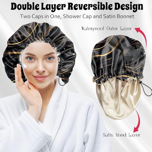 Luxury Shower Cap Satin Lined Reusable Waterproof Double Layer Elastic Adjustable Hair Bath Cap Cute Aesthetic Women Girls-Black Marble - color: F6-Black Marble