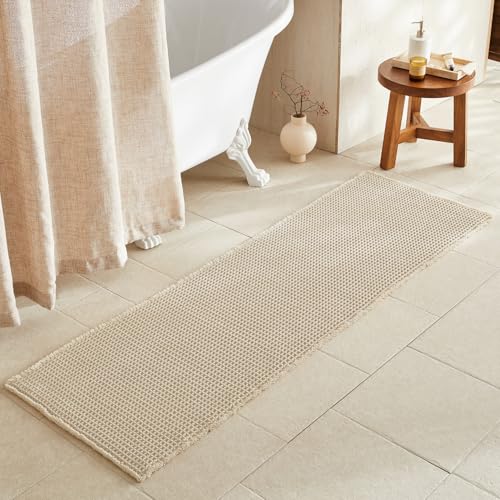TYUU Pale Beige Long Bathroom Rug, Waffle Runner Rug Bathroom Non Slip Washable Super Absorbent Quick Dry Boho Farmhouse Bath Mat, 72''x24'' Pale Beige - color: Pale Beige, size: 2' X 6' (Runner)