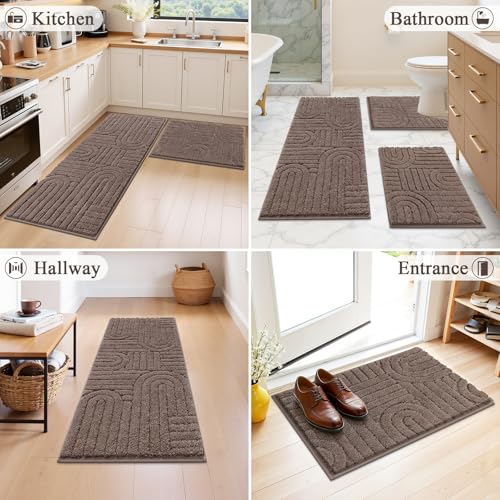 Vaukki Bathroom Rugs Sets 3 Piece, Brown Washable Non Slip Soft Bath Mats for Shower and Tub, Plush Absorbent Microfiber Toilet Rug U Shaped, 48x20+26x18+24x20 Inch - color: Brown, size: 18''x26''+20''x48''+20''x24''