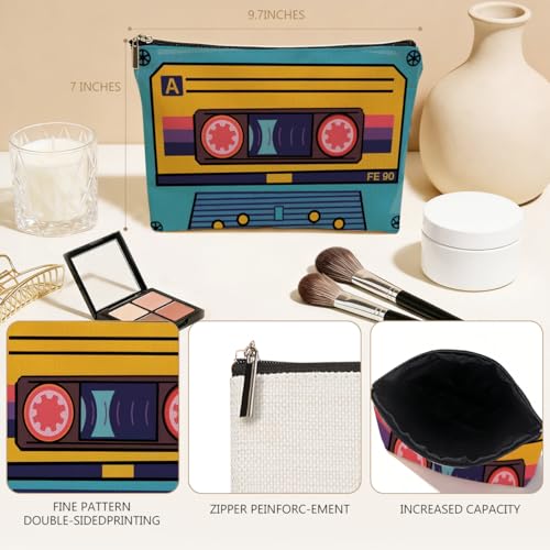 Retro Cassette Makeup Bag for Women, Retro Music Lovers Canvas Cosmetic Makeup Pouches with Zipper Travel Makeup Cosmetic Bags, Vintage Themed Toiletry Organizer Pouch Birthday Gifts - color: Multicolor 0006