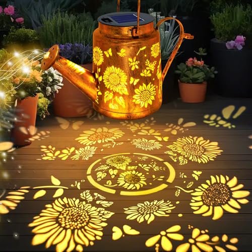 Solar Lights Outdoor Waterproof, Sunflower Solar Watering Can Lights with Shepherd Hook, Birthday Gifts for Mom Grandma Women Mother's Day, Metal Hanging Lantern Garden Decor Yard Outside Patio Lawn - color: Sunflower