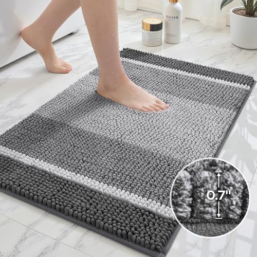 HOMEIDEAS Grey Bathroom Rugs Set of 2, Thick Absorbent Chenille Bath Mats, Non-Slip Soft Shaggy Rugs for Bathroom Floor, 20" x 32" & 17" x 24" - color: Grey
