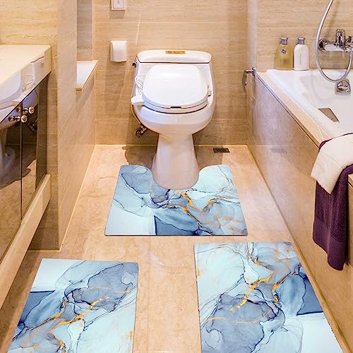 EMMTEEY Blue Marble Bath Rug for Bathroom Non Slip Bathroom Rugs Sets 3 Piece Toilet Rug with U Shaped Bath Mat Water Absorbent Low Pile Bath Mat Quick Drying Mat Shower Rugs for Bathroo - color: Blue