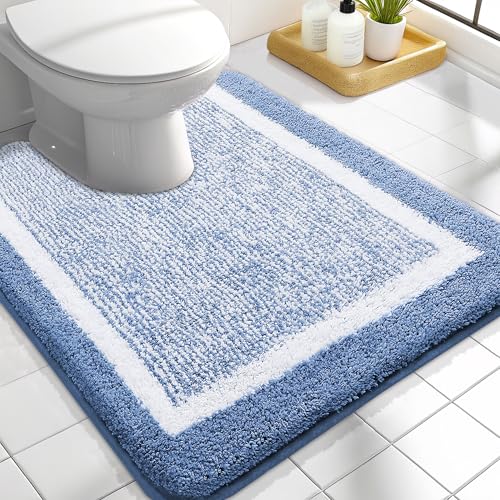 OLANLY Toilet Rugs U-Shaped 24x20, Extra Soft and Absorbent Microfiber Bathroom Rugs, Non-Slip, Machine Wash Dry, Plush Shaggy Contour Bath Mats for Toilet Base, Blue - color: Blue and White, size: 24" X 20" Contour Rug