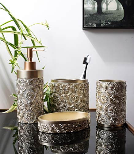 Hymmah Bathroom Accessories Set,Golden Design Toothbrush Holder,Farmhouse Bathroom Decor,4 Pcs Resin Gift Set Apartment Necessities, Contain Toothbrush Cup,Soap Dispenser,Soap Dish,Tumbler - color: Golden Petal