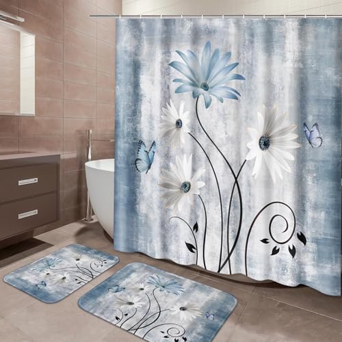 ArtSocket Daisy Flowers Butterfly Bathroom Set with Shower Curtain and Bath Rugs and Accessories,Abstract Blue Grey Non-Slip Shower Curtain Set,Bathroom Decor 3 Pcs - color: Daisy Flowers Butterfly