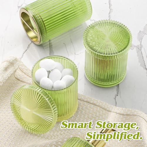 BSSN 5-Piece Green Glass Bathroom Accessories Set - Vintage Ribbed Thick Glass - Includes Soap Dispenser, Toothbrush Holder, Tumbler, 2 Q-tip Jars - Retro Bathroom Counter Organizer & Decor - color: Green, size: 5 Pieces