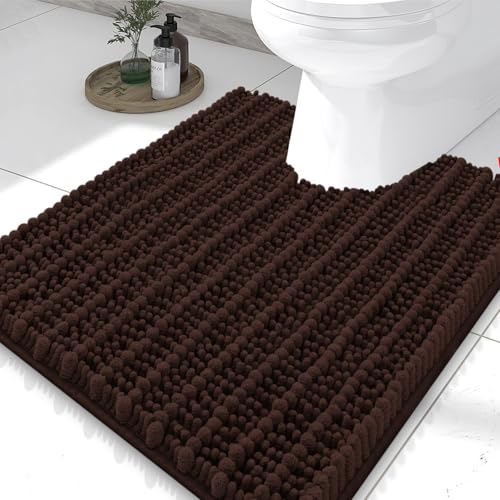 Smiry Bathroom Toilet Rugs U Shaped 24x20, Extra Soft Absorbent Non Slip Rubber Backing Chenille Contour Bath Rugs for Toilet, Machine Washable Contoured Bath Mats, Brown - color: Brown, size: 24'' X 20''