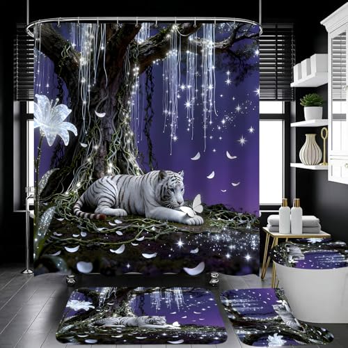 4 Piece Purple and White Shower Curtain Set with Rugs, Dreamy White Tiger & Butterfly Under Glowing Tree, Fantasy Aesthetic Waterproof Fabric Bathroom Decor, Non-Slip Mats & Toilet Lid Cover - color: Purple