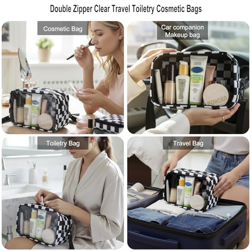 Clear Makeup Bag for Women, Double Zipper Travel Toiletry Cosmetic Bags, Portable Make up Bag Organizer Case Travel Essentials, Checkered - color: Checkered 166