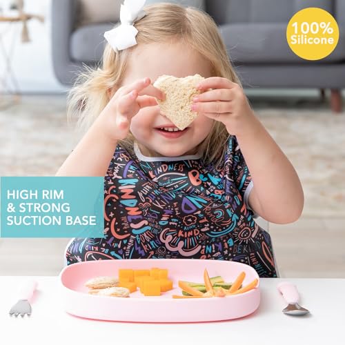 Bumkins Toddler and Baby Suction Plate, Silicone Grip Dish Large Tray for Big Kids, Fits Most Highchairs, Essential Children Feeding Supplies, Non Skid Sticky Bottom, Platinum Silicone, Pink - color: B5 Pink-GT