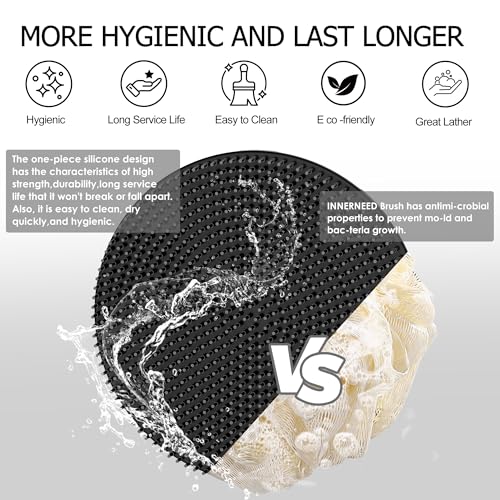 INNERNEED Food-Grade Soft Silicone Body Scrubber Shower Brush Handheld Cleansing Skin Brush, Gentle Exfoliating and Lather Well (Black) - color: Black