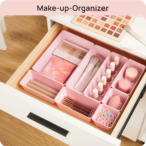 Vtopmart 25 PCS Plastic Drawer Organizers Set, 4-Size Versatile Bathroom and Vanity Drawer Organizer Trays, Storage Bins for Makeup, Bedroom, Kitchen Gadgets Utensils and Office | Plastic storage bins for organizing bathroom, bedroom, kitchen and office d