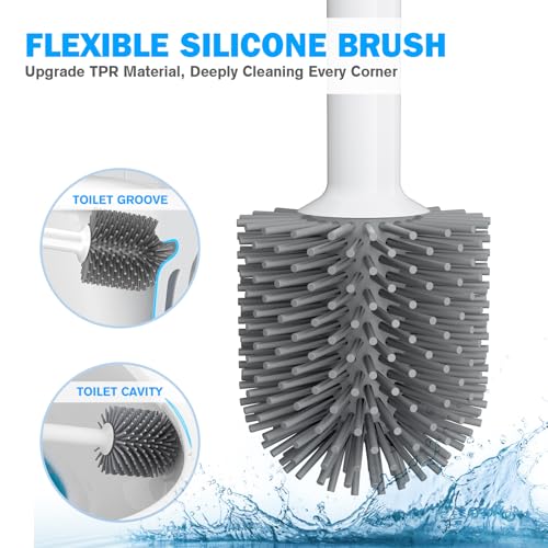 Toilet Plunger and Brush Set, Silicone Bowl Brush and Heavy Duty Toilet Plunger with Ventilated Holder, 2-in-1 Toilet Brush and Plunger Combo for 5.3-inch Toilet Drain Bathroom Deeply Cleaning - color: White & Grey01