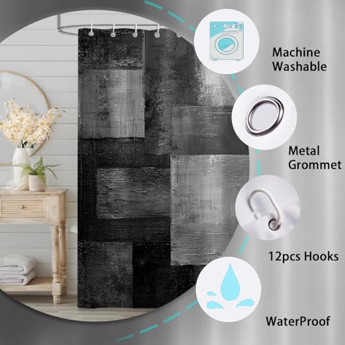 4Pcs Abstract Black Grey Shower Curtain Set, Beige Brown Grey Modern Bathroom Shower Curtain with Rugs and Accessories, with Non-Slip Rugs, Toilet Lid Cover and Bath Mat for Bathroom Decor Set - color: Black Grey
