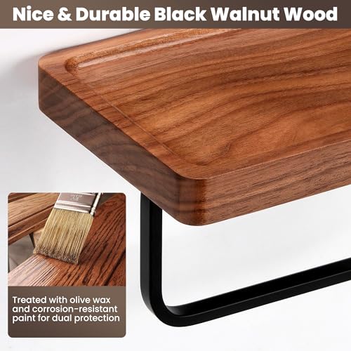 Toilet Paper Holder with Walnut Wood Shelf - Wall Mount & Self-Adhesive Bathroom Tissue Holder, Black Stainless Steel with Walnut Shelf for Phone - Home Apartment Restroom Decor Essentials - color: Walnut & Matte Black