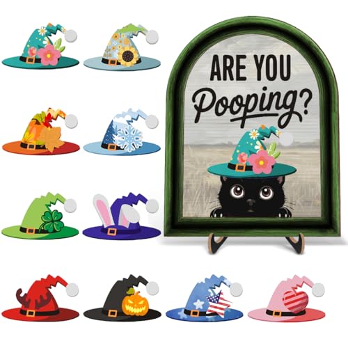 Funny Spring Cat Bathroom Decor - Interchangeable Seasonal Cats Bathroom Hanging Wooden Sign for Restroom Shelves Toilet Tank Decoration(10 Pcs) - Are You Pooping - color: Cat are