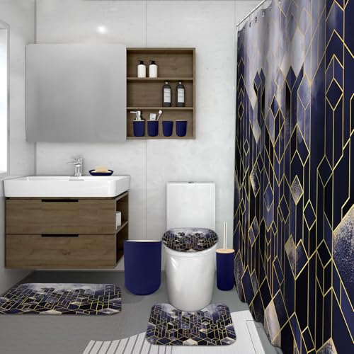 Lnond Blue Bathroom Set, Blue Abstract Cubes Bathroom Accessories Sets Complete, Luxury Restroom Set with Shower Curtain and Rugs, Trash Can, Toilet Brush Holder Set & Soap Dispenser - style: Blue
