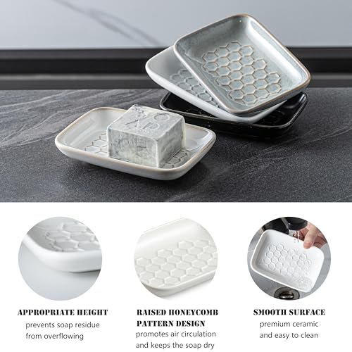 Gomakren Soap Dish for Shower, Ceramic Bar Soap Holder with Honeycomb Design, Soap Saver Tray for Bathroom Kitchen Sink, Sponge & Organizer Tray, Upscale Look, 5.5 Inch, White - color: White, size: Honeycomb