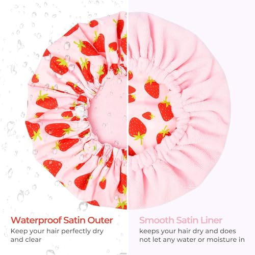 Shower Cap for Women Terry Lined Bath Cap Large Reusable Waterproof Elastic Band Pink Shower Caps for Long Thick Hair Soft Bath Shower Hair Caps - color: PINK STRAWBERRIES