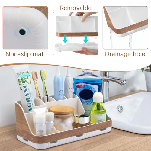 GFWARE Bathroom Countertop Organizer - Detachable 7 Slots Kids Electric Toothbrush and Toothpaste Holde Drainage for Bathroom Accessories Organization Counter Vanity Storage, Woodgrain - color: Woodgrain