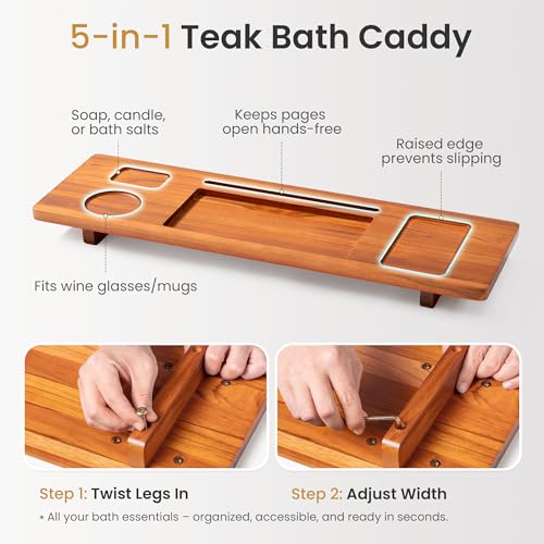 Teak Bathtub Tray for Freestanding Tubs - 29" Heavy-Duty Luxury Bath Caddy, Non-Slip Zero-Wobble Design, Water-Resistant Spa Organizer with Wine Glass & Phone Holder - color: Natural Teak, size: 29 Inch