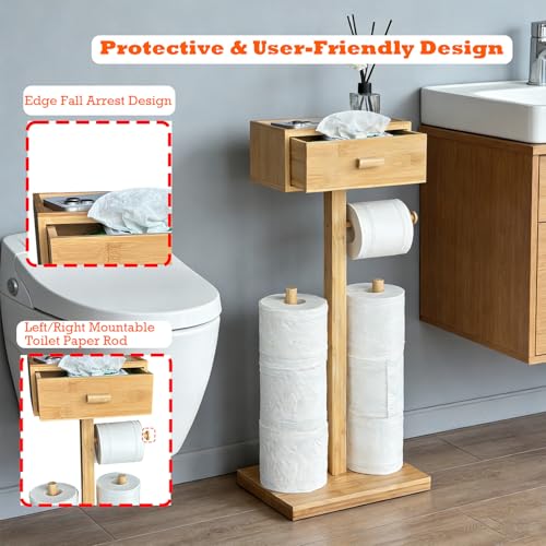 Freestanding Bathroom Toilet Paper Holder Stand with Shelf, Bamboo Toilet Paper Roll Holder with Wet Wipes Storage Drawer(Natural) - color: Natural