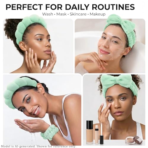 Headband for Washing Face and Wristband Set, Green | Soft absorbent fabric, snug head-hugging fit for face washing, skincare, makeup, masks, travel, women and teen girls - color: Green