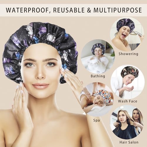 Shower Cap for Women,4 PCS Elastic and Reusable Bath Caps, Double Layers Shower Caps Reusable Waterproof, Bathing Shower Caps, Environmental Bath Hair Protection Cap - Butterfly B - color: Butterfly B