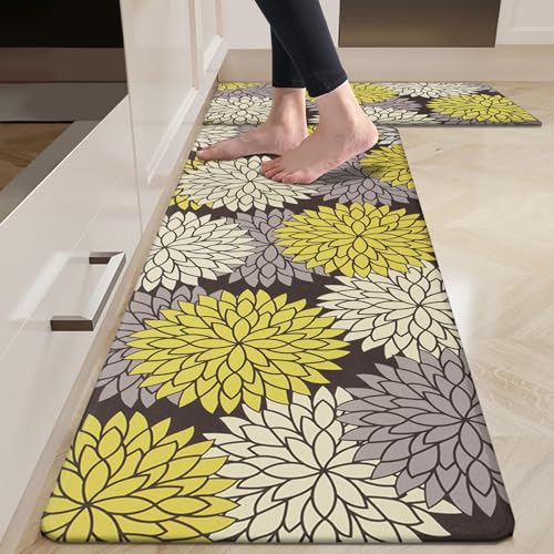 HEBE Anti Fatigue Kitchen Rugs Sets of 2, Non Slip Kitchen Mats for Floor, Waterproof Cushioned Comfort Standing Carpet for Kitchen Sink, Home Office, Laundry Room - color: Bright Yellow, size: 17.3"x48"+17.3"x28"-0.4"Th