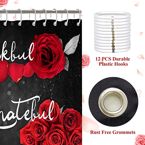4Pcs Red Rose Shower Curtain Sets, Thankful Grateful Blessed Bathroom Curtain with Non-Slip Rug, Toilet Lid Cover, Bath Mat and 12 Hooks, Romantic Showy Floral Wedding Decor for Bath, 72 x 72 inch - color: Red