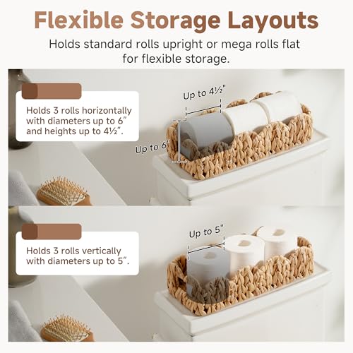 StorageWorks Small Wicker Scalloped Baskets for Bathroom Decor, Water Hyacinth Bathroom Baskets for Storage, Decorative Toilet Paper Basket for Back of Toilet Basket Tank Topper with Handles - color: Natural (Water Hyacinth), size: 14¼" L x 6¾" W x 3¾" H