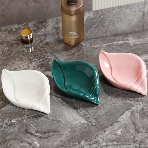 Sea-Shell Soap Holder, Ceramic Soap Tray with Self Draining, Soap Tray for Sink Washroom Bathroom Shower, Small Cute and Elegant Holder with Glaze, Easy Cleaning (Pink) - color: Pink