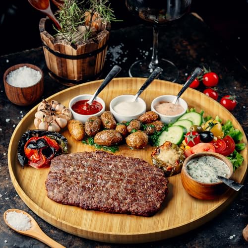 Premium Bamboo Round Tray - Natural Multipurpose Wood Serving Platter for Grilling, BBQ, Tea, Coffee & Ottoman Decor - 12"