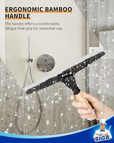 MR.SIGA All Purpose Silicone Squeegee for Shower Door, Mirror, Glass, Streak Free Shower Squeegee, Pivoting Bamboo Handle, Includes 1 Suction Hook, 10 inch Wide, Black, 1 Pack - color: Black