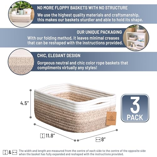 NaturalCozy 11.8"x8"x4.5” Storage Baskets for Shelves 3 Pack | Cotton Rope Woven Small Baskets for Organizing | Small Storage Bins for Nursery, Bathroom, Closet, Cube Shelf, Decorative, Gift Basket - color: 3-Tone Brown, size: 11.8" x 8" x 4.5"
