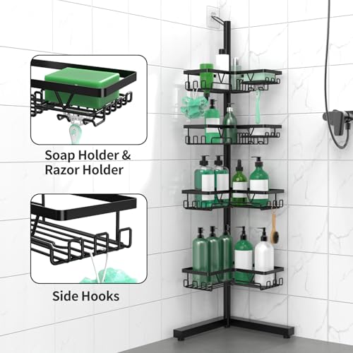 DAOYA Standing Shower Caddy Corner - 4-Tier Floor Shower Caddy Corner Adjustable Bathroom Organizers and Storage with Soap Holder & Razor, Bathroom Free-Standing Organizer for Large Bottles - color: Black-6
